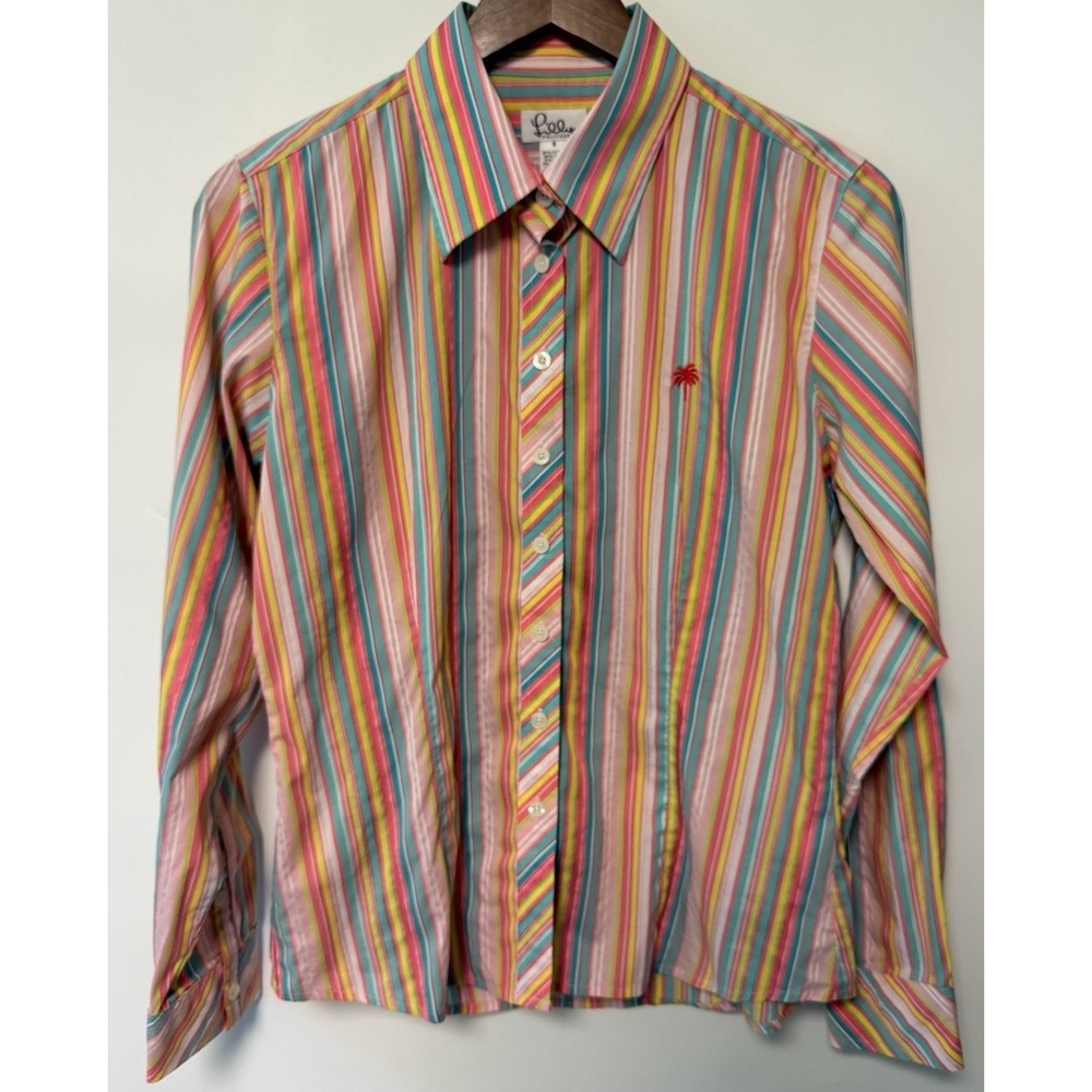 Lilly Pulitzer Pink Striped Button Up Shirt Womens sz 8 Long Sleeve Vintage Prep